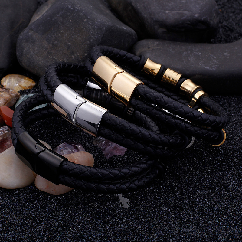 Gold Color Stainless Steel Leather Bracelet Men Black Mens Leather Wrap Bracelets Jewelry Wristband With Magnet Clasp - Image 3