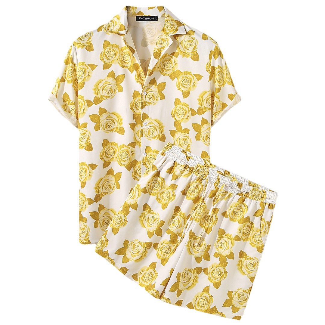 Men's Casual Loose Beachwear Three-color Printed Short-sleeved Suit - Image 4