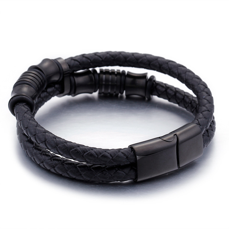 Gold Color Stainless Steel Leather Bracelet Men Black Mens Leather Wrap Bracelets Jewelry Wristband With Magnet Clasp - Image 2