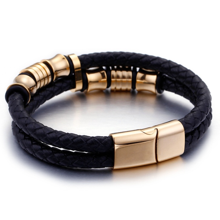 Gold Color Stainless Steel Leather Bracelet Men Black Mens Leather Wrap Bracelets Jewelry Wristband With Magnet Clasp - Image 5