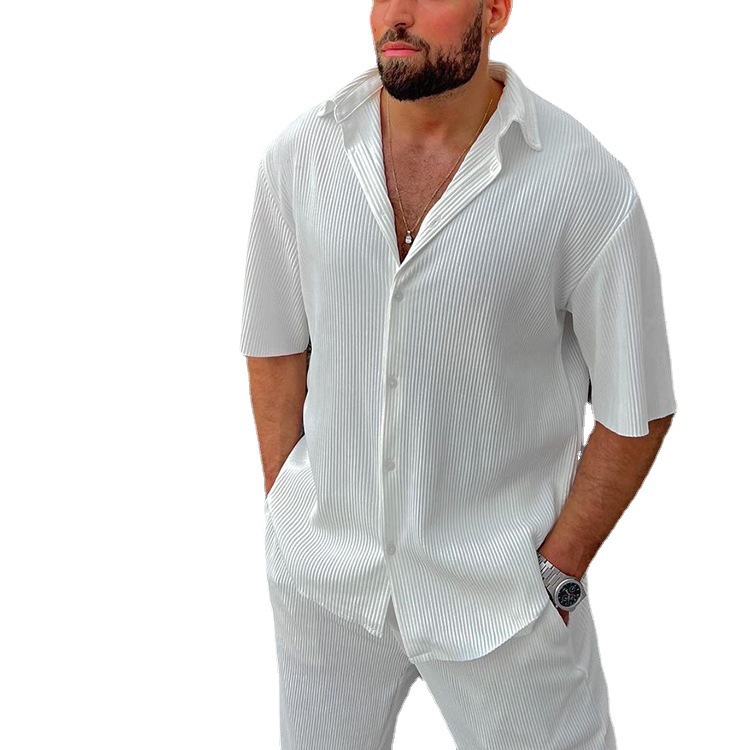 European And American Leisure Loose Beachwear Solid Color Striped Short Sleeve Suit Southeast Asian Men's Shirt Two-piece Set - Image 9