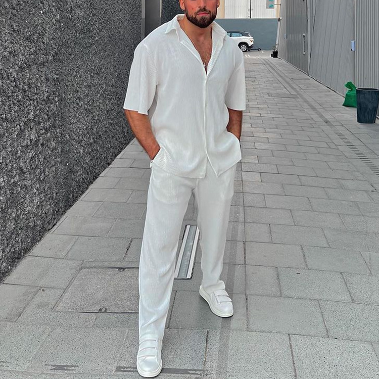European And American Leisure Loose Beachwear Solid Color Striped Short Sleeve Suit Southeast Asian Men's Shirt Two-piece Set - Image 6