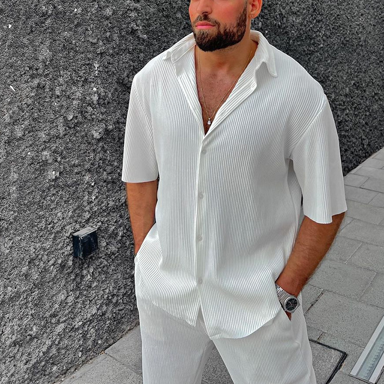 European And American Leisure Loose Beachwear Solid Color Striped Short Sleeve Suit Southeast Asian Men's Shirt Two-piece Set - Image 3