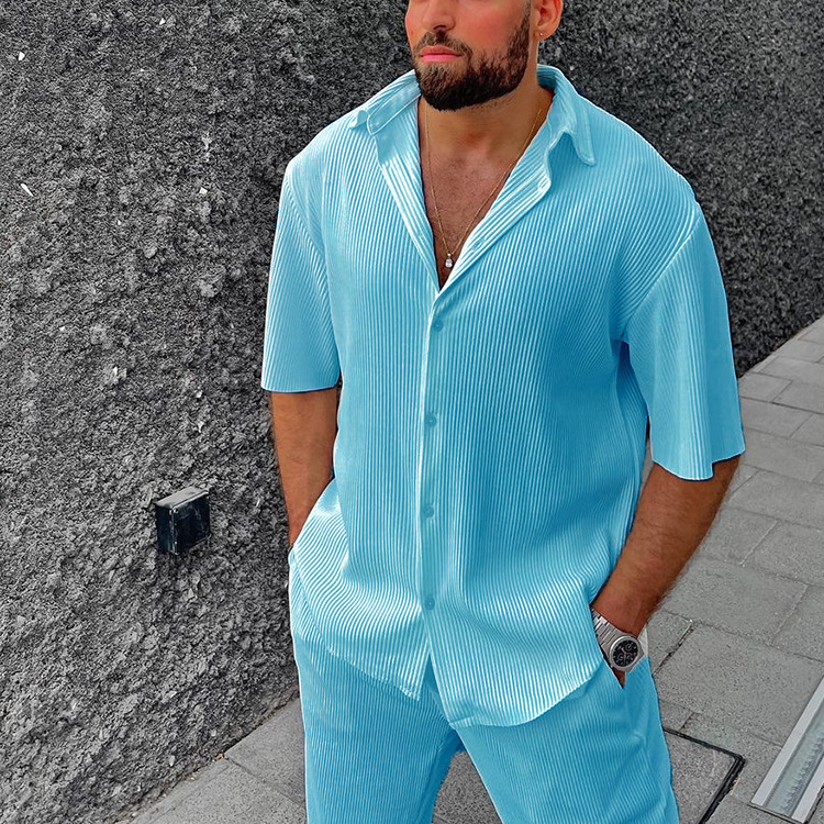European And American Leisure Loose Beachwear Solid Color Striped Short Sleeve Suit Southeast Asian Men's Shirt Two-piece Set - Image 2