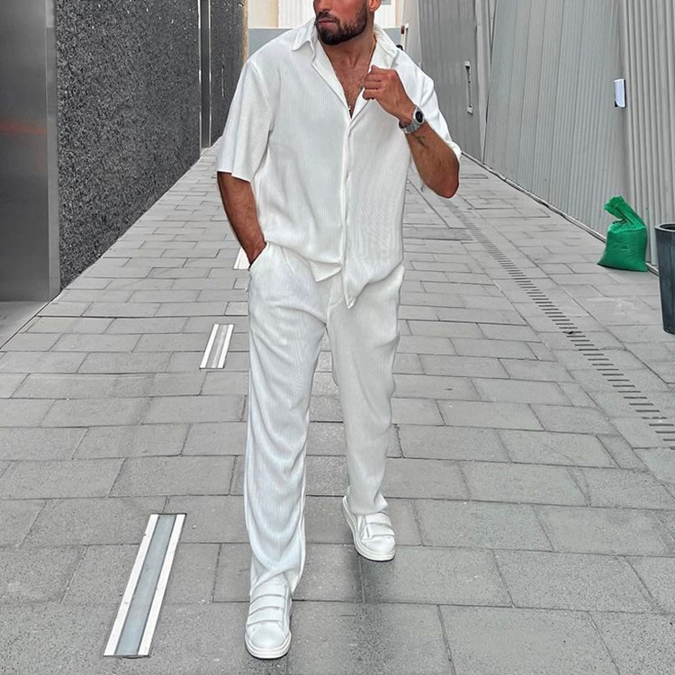 European And American Leisure Loose Beachwear Solid Color Striped Short Sleeve Suit Southeast Asian Men's Shirt Two-piece Set - Image 5
