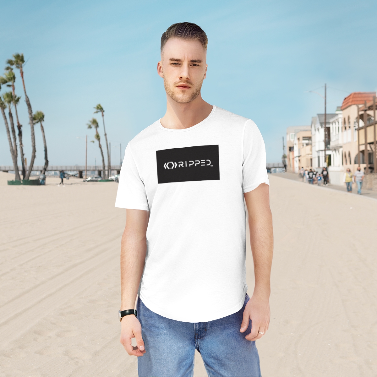 Ripped Men's Curved Hem Tee(Black/White) - Image 4