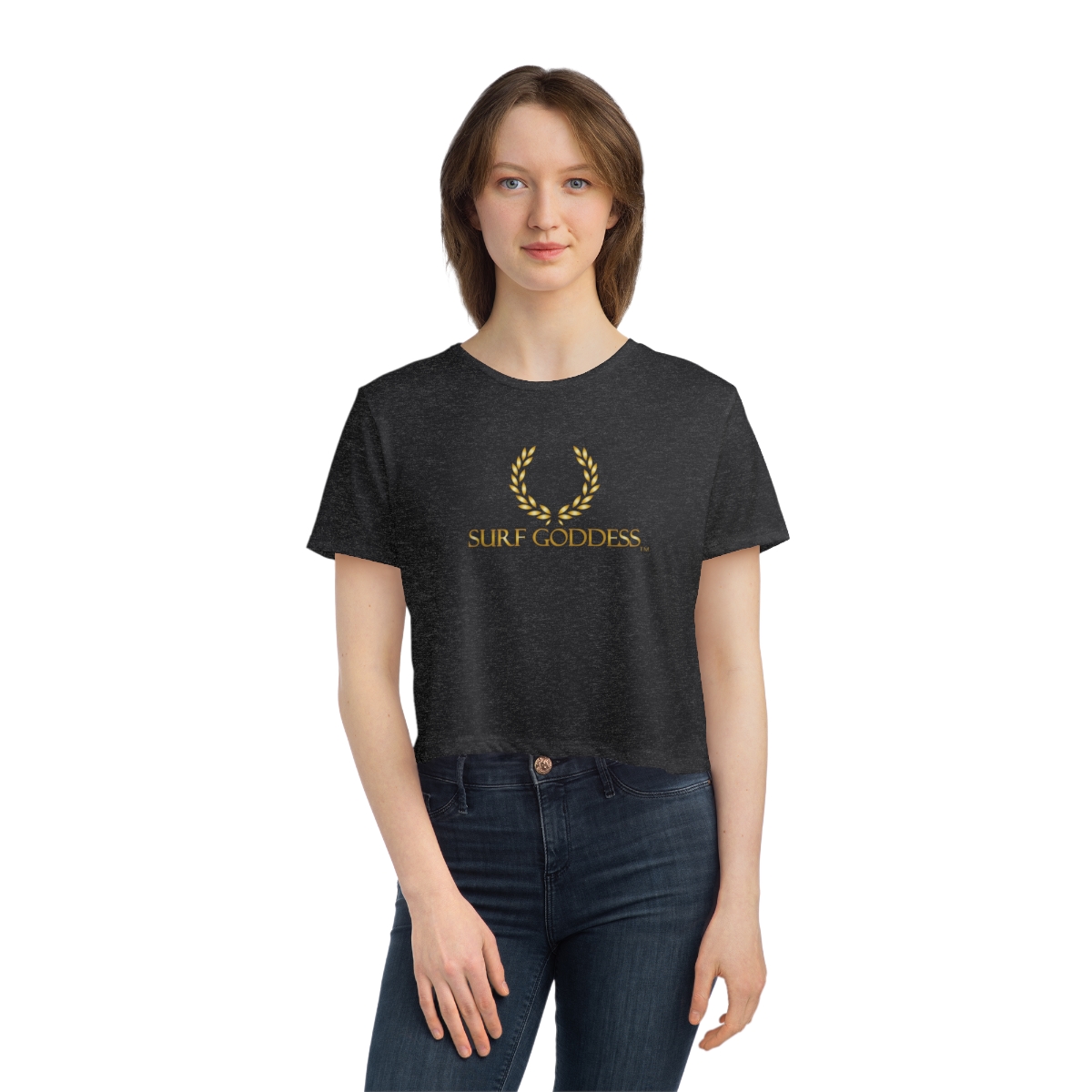 Surf Goddess Women's Dark Grey Flowy Cropped Tee - Image 4