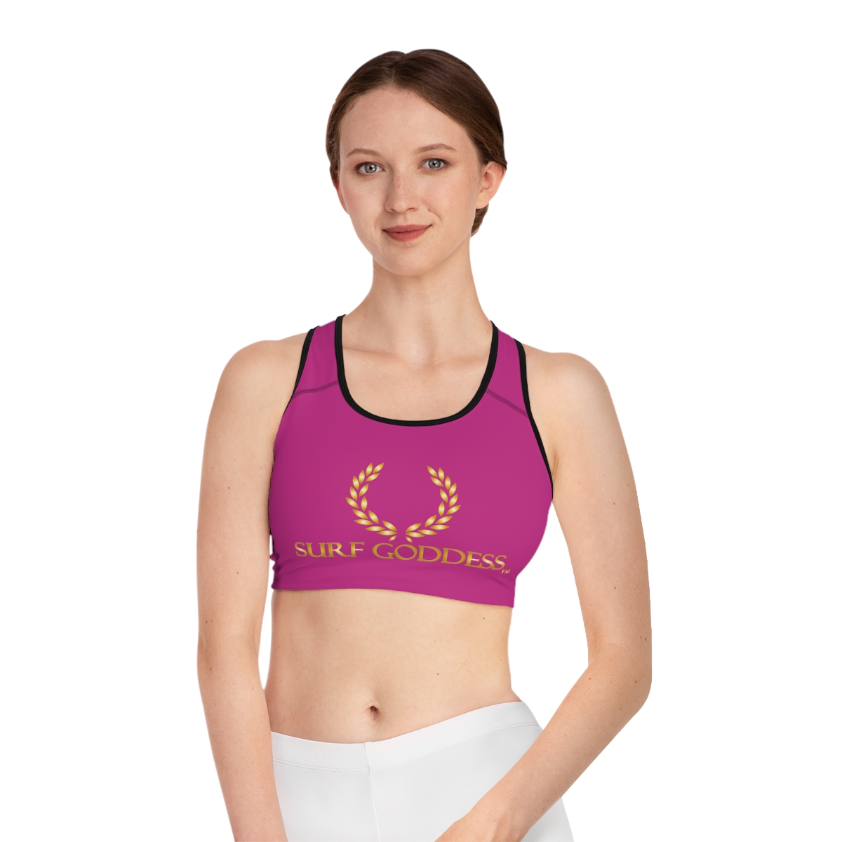 Surf Goddess Pink Athletic Sports Bra (Black Borders)