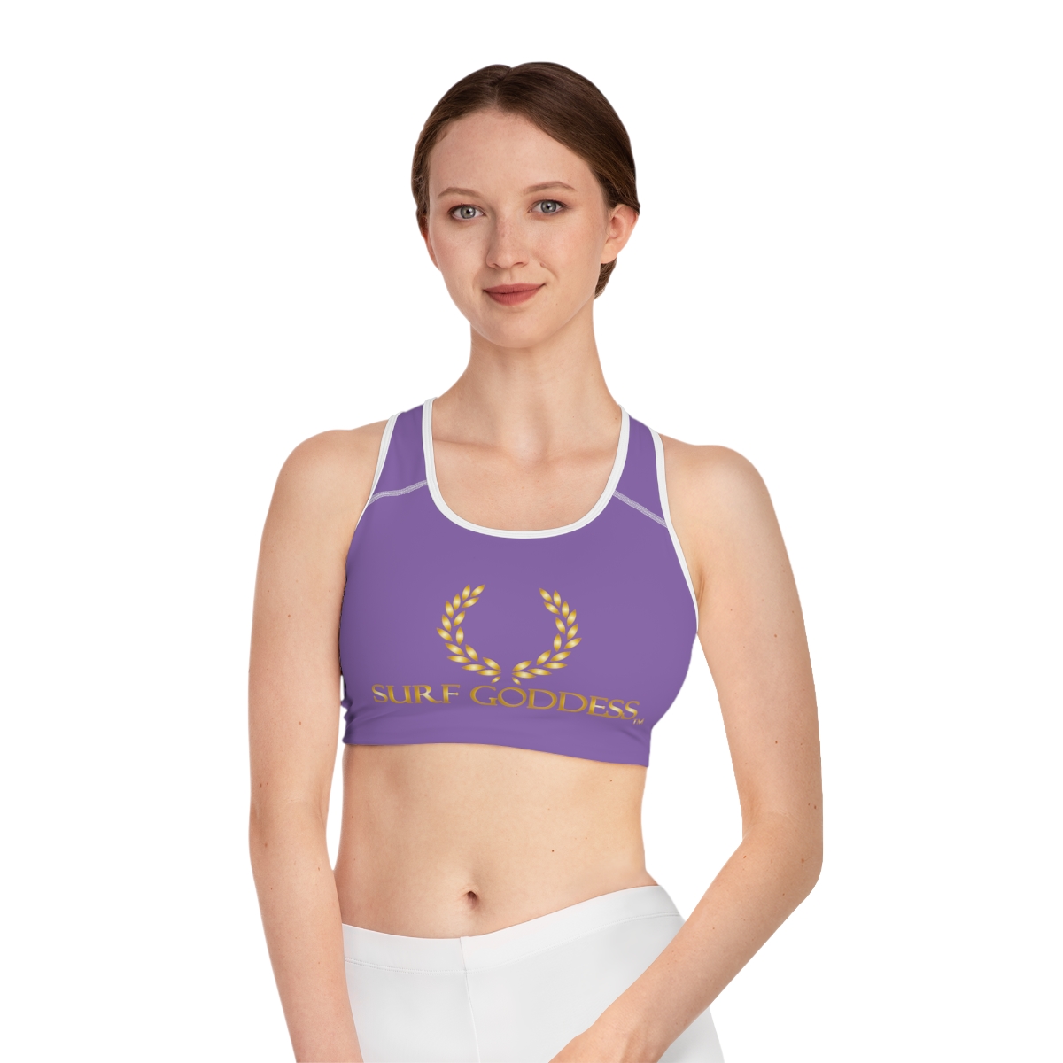Surf Goddess Purple Athletic Sports Bra (White Borders)