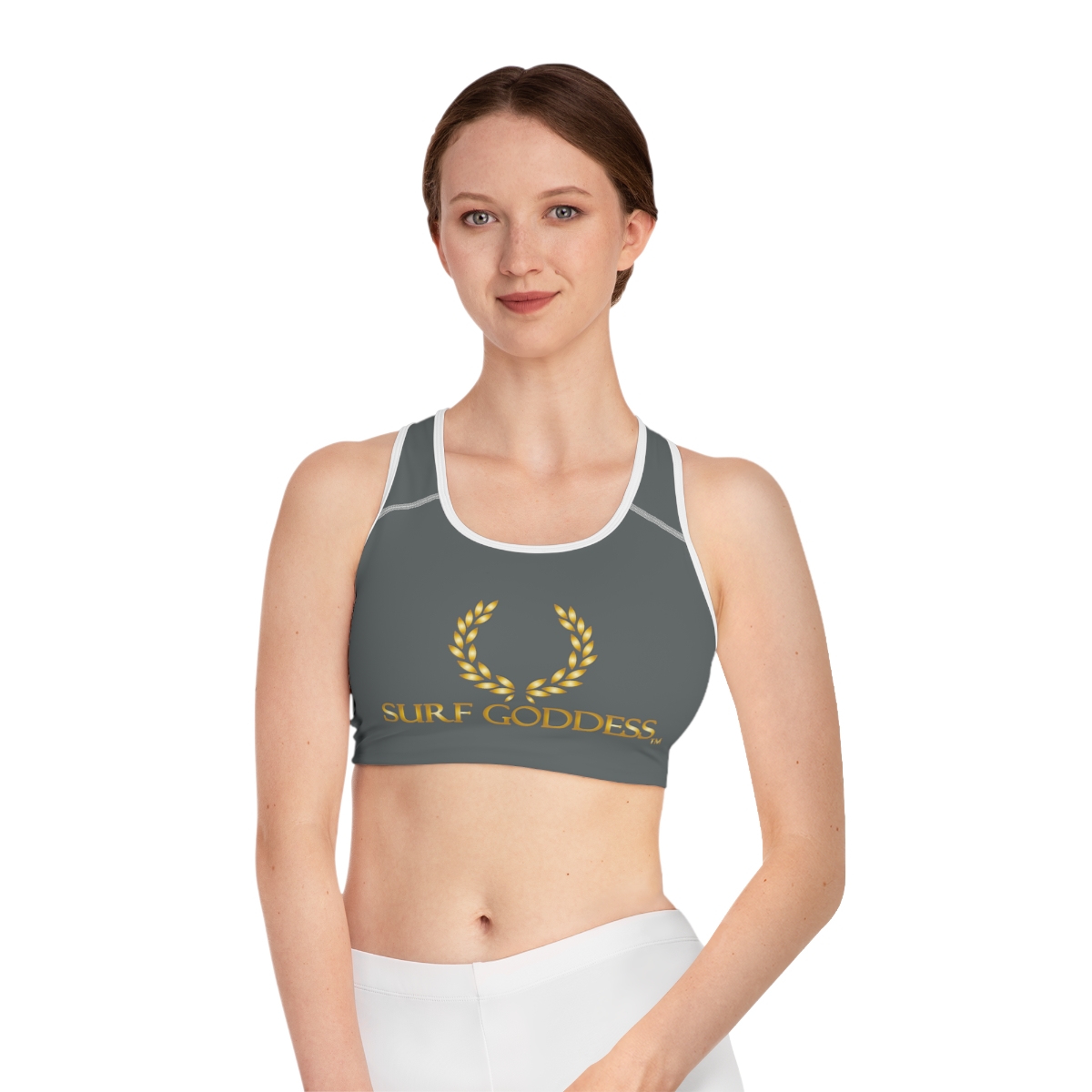 Surf Goddess Dark Grey Athletic Sports Bra (White Borders)