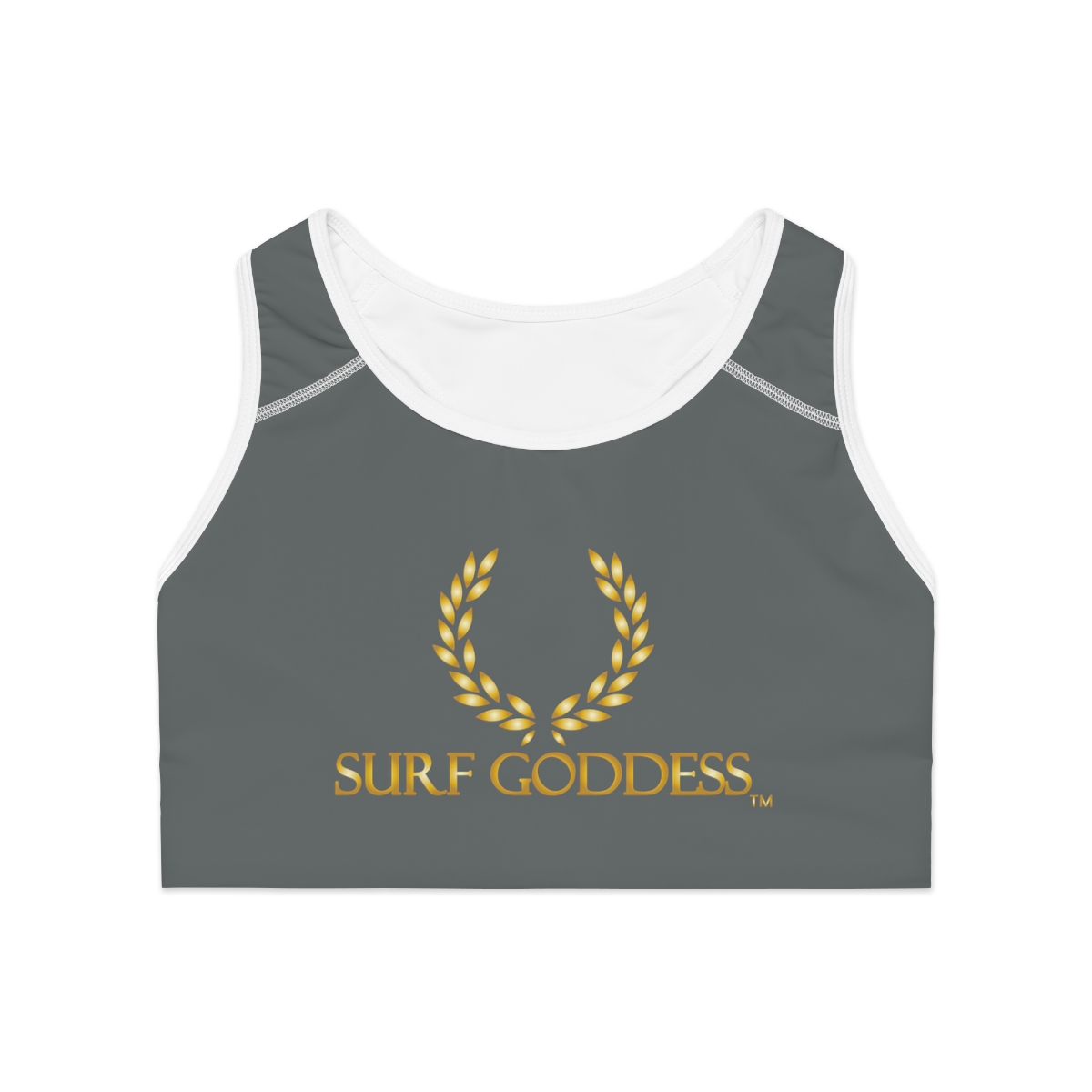 Surf Goddess Dark Grey Athletic Sports Bra (White Borders) - Image 2
