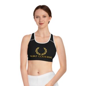 Surf Goddess Black Athletic Sports Bra (White Borders)