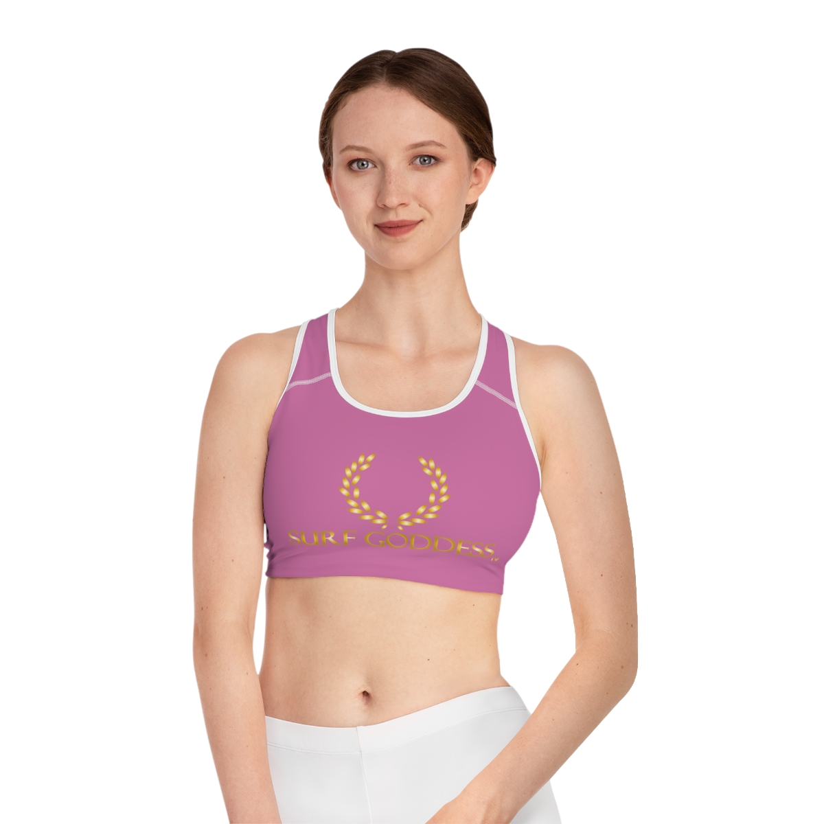 Surf Goddess Light Pink Athletic Sports Bra (White Borders)
