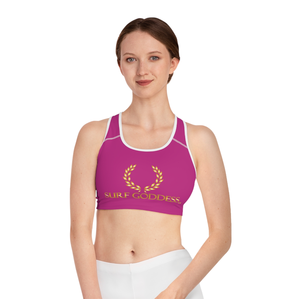 Surf Goddess Pink Athletic Sports Bra(White Stitching/Borders)