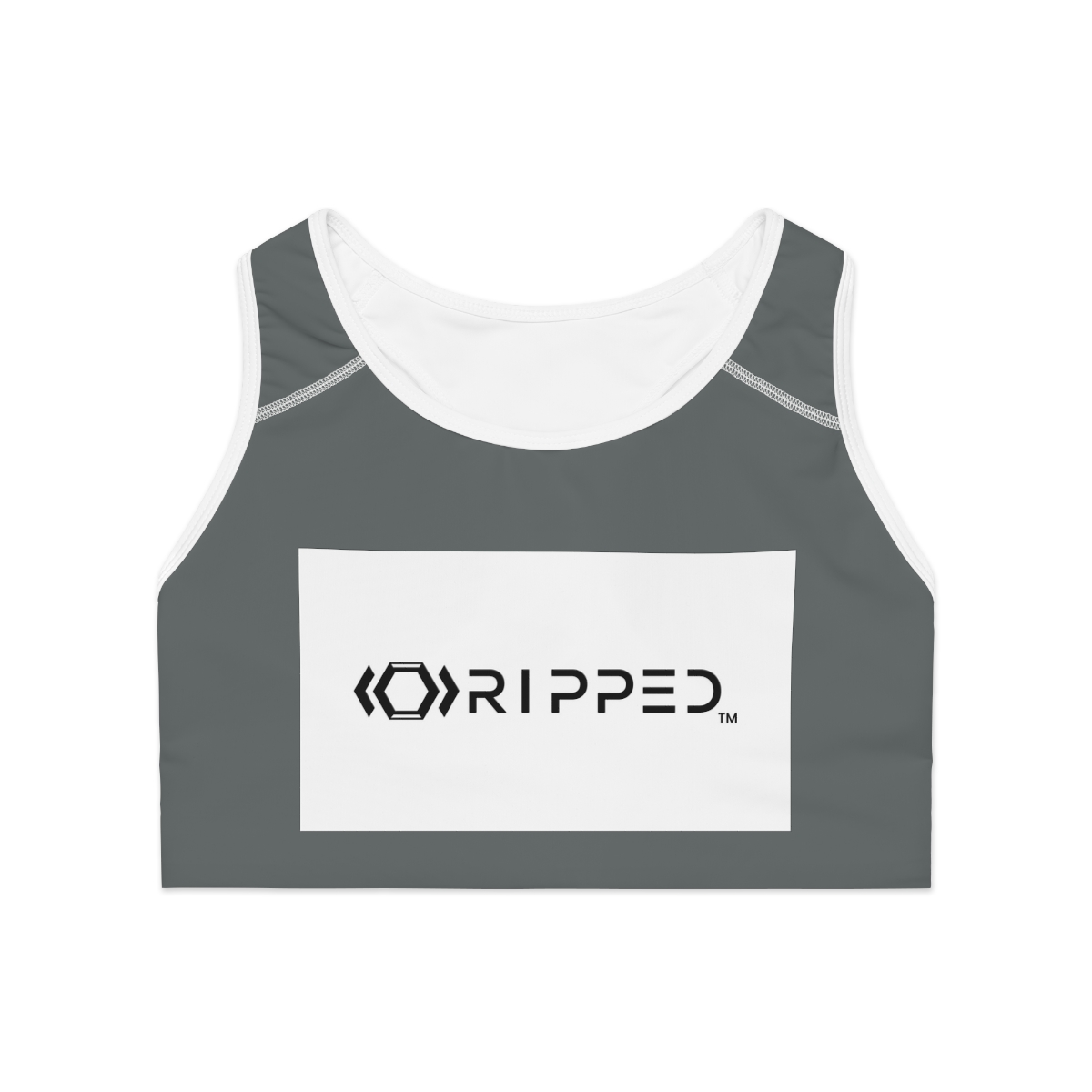 Ripped Dark Grey Athletic Sports Bra (White Borders) - Image 2