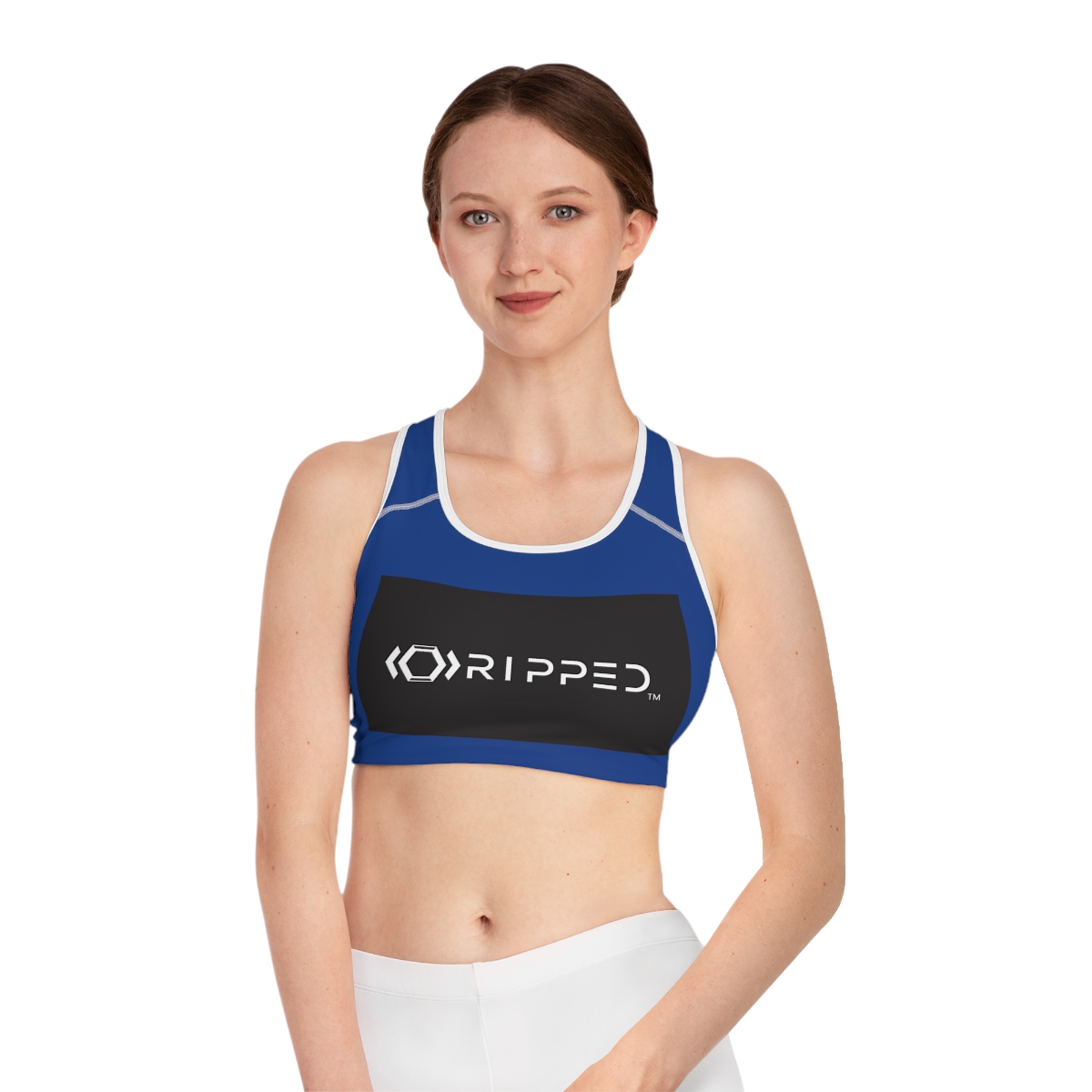 Ripped Black/White Athletic Dark Blue Sports Bra (White Borders)