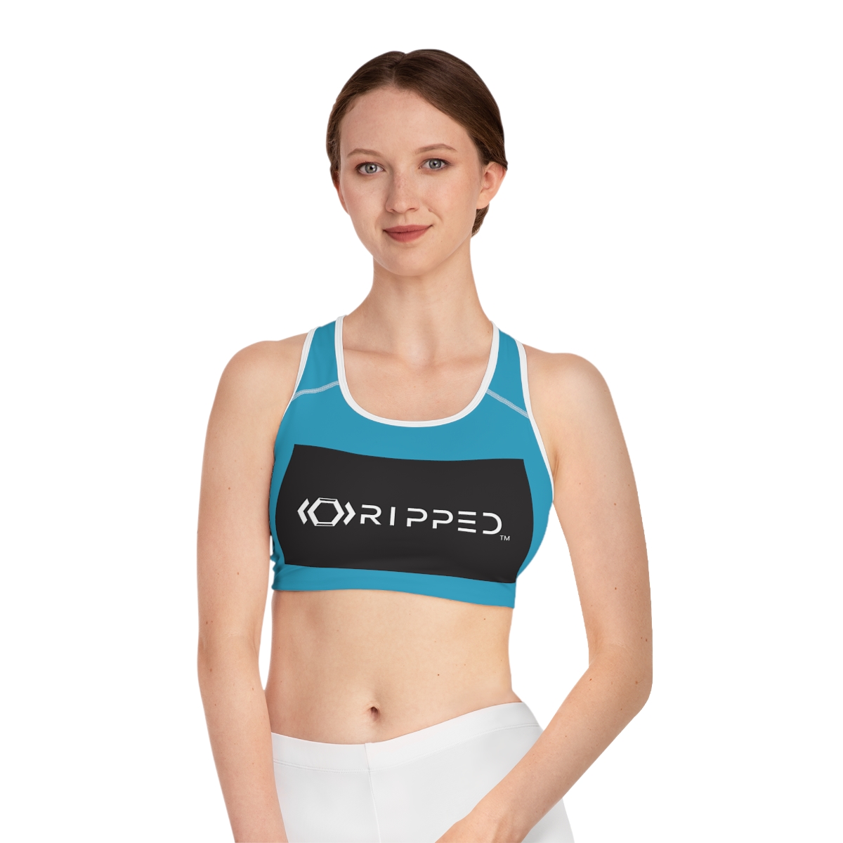 Ripped Black/White Athletic Ocean Blue Sports Bra (White Borders)