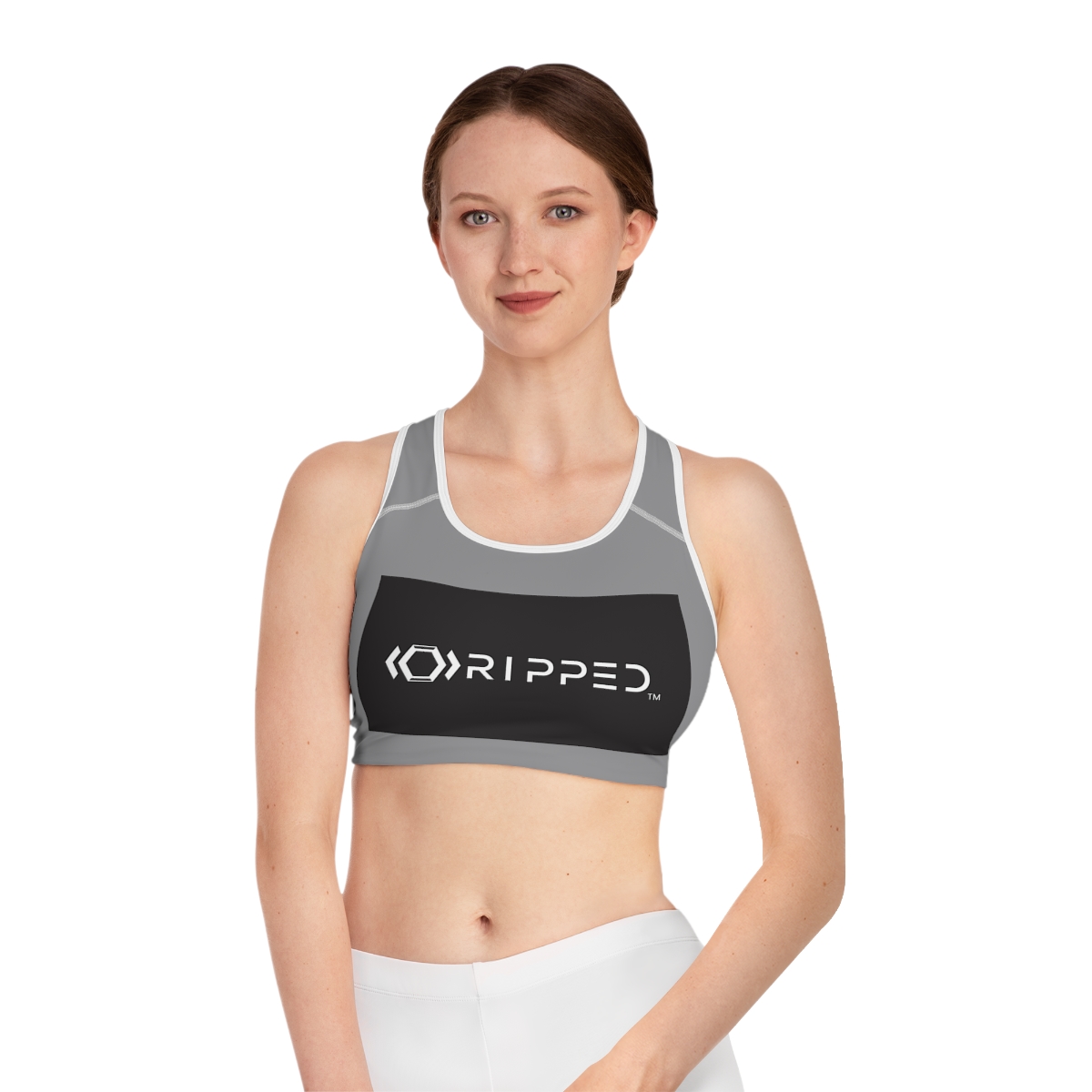 Ripped Black/White Athletic Grey Sports Bra (White Borders)