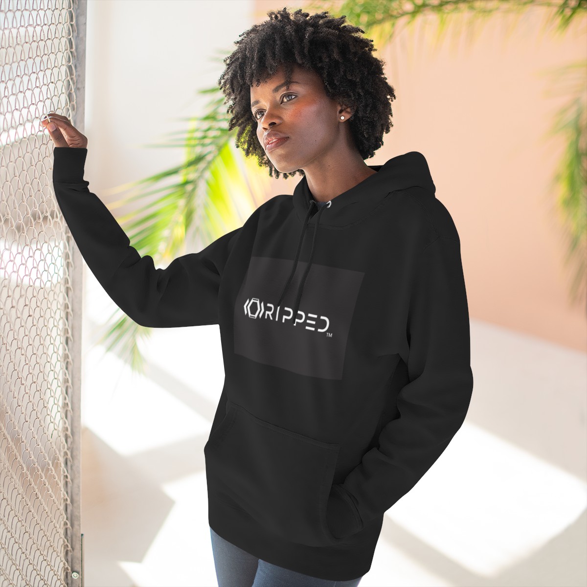 Ripped Women’s Black Fleece Hoodie(Black/White Logo) - Image 6