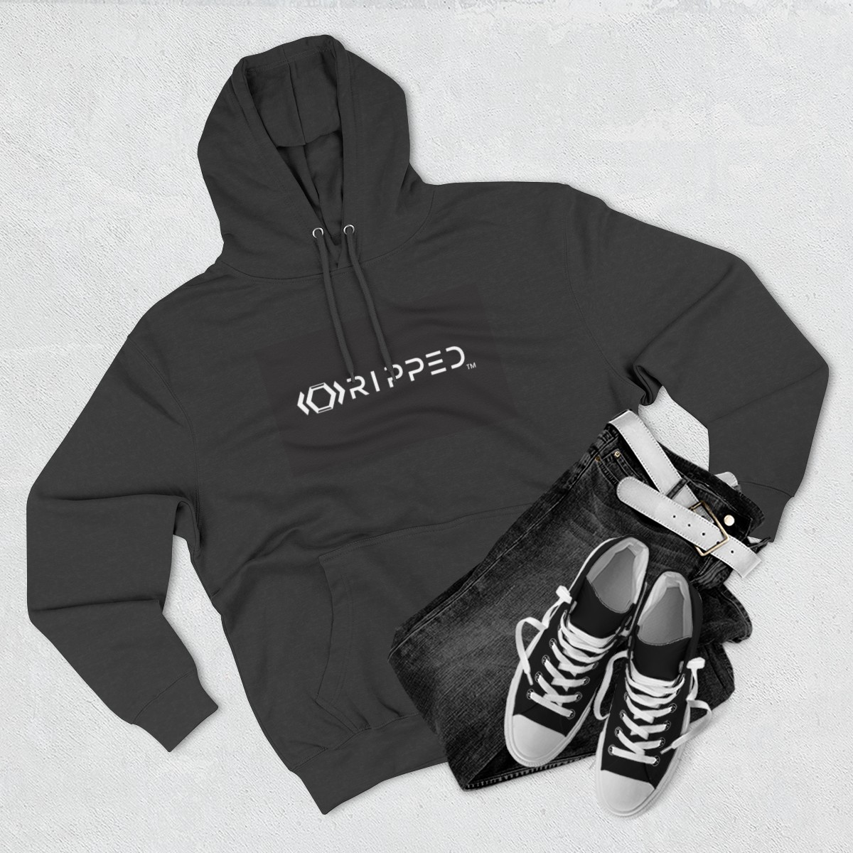 Ripped Men’s Charcoal Fleece Hoodie(Black/White Logo) - Image 3