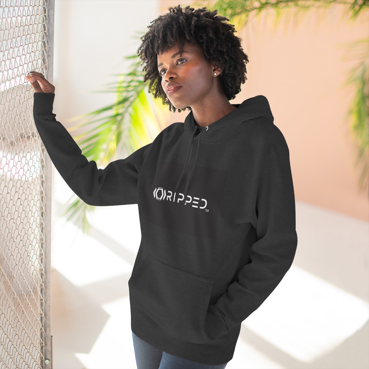 Ripped Men’s Charcoal Fleece Hoodie(Black/White Logo) - Image 6