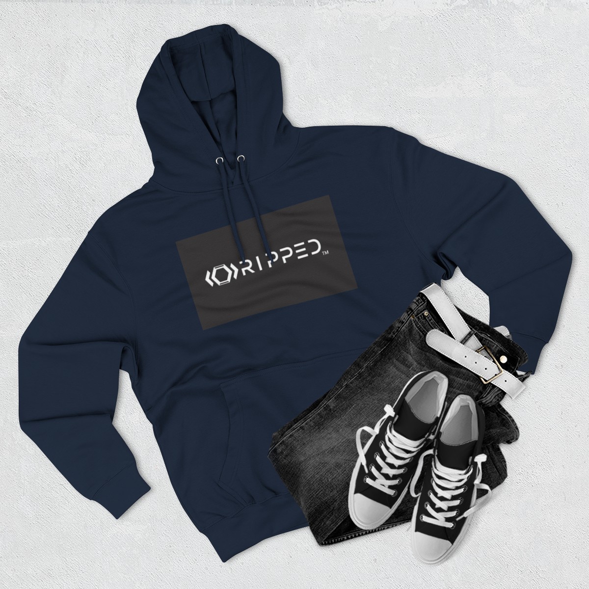 Ripped Women’s Navy Blue Fleece Hoodie(Black/White Logo) - Image 3