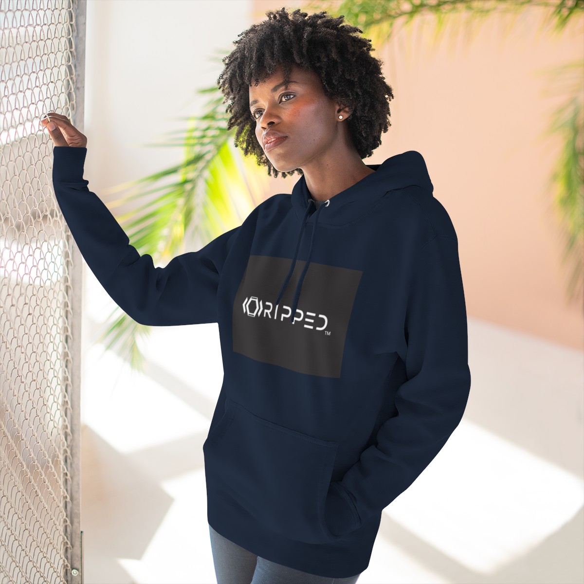 Ripped Women’s Navy Blue Fleece Hoodie(Black/White Logo) - Image 6