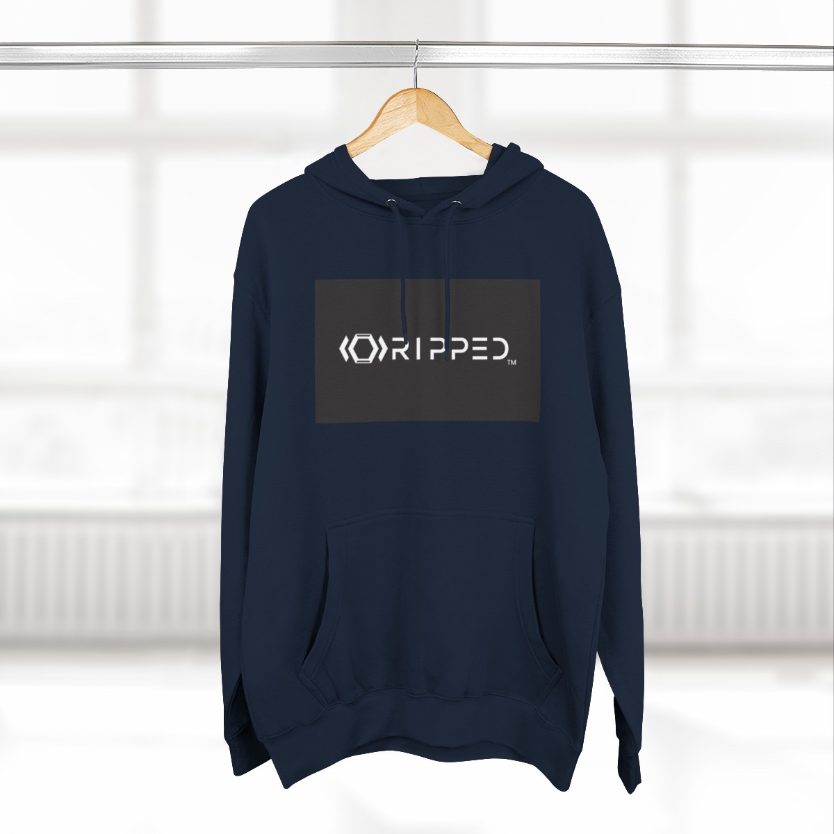 Ripped Men’s Navy Blue Fleece Hoodie(Black/White Logo) - Image 4