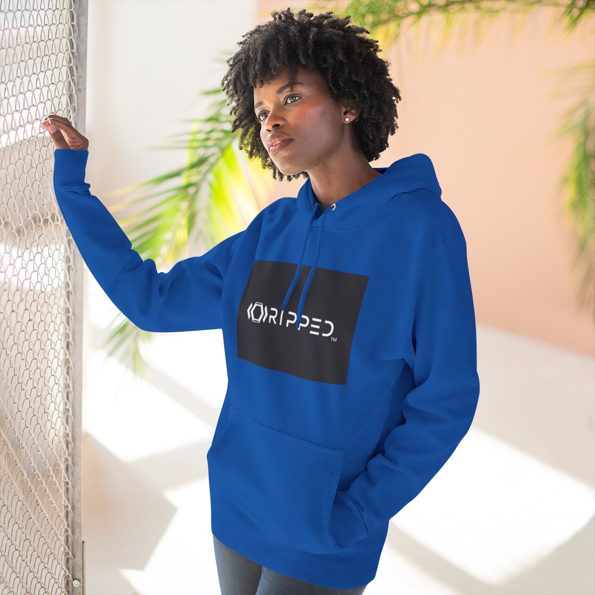 Ripped Men’s Blue Fleece Hoodie(Black/White Logo) - Image 6