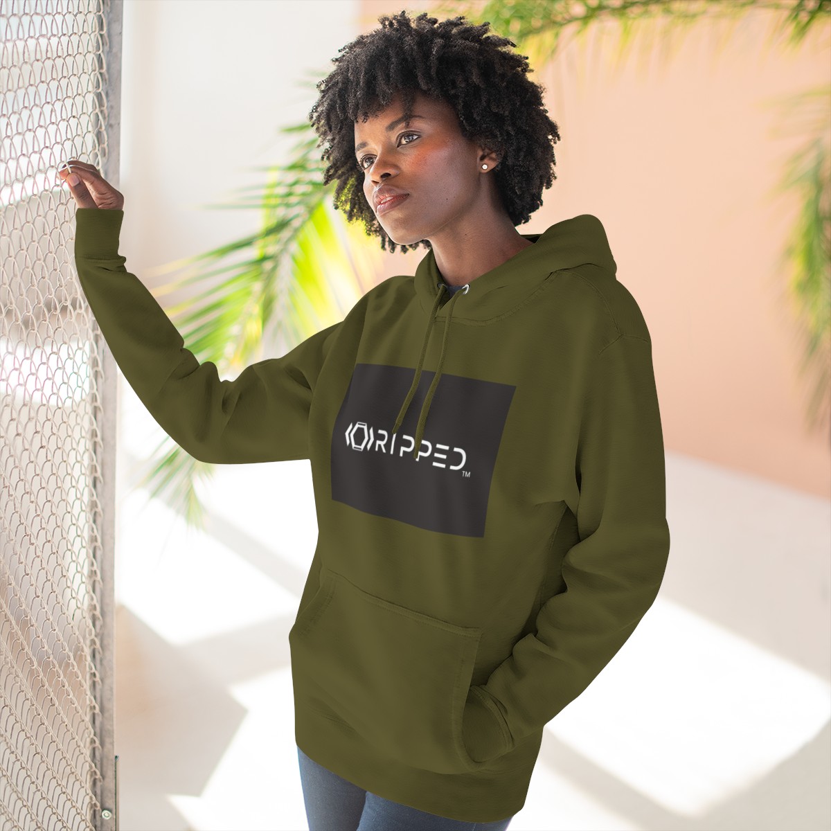 Ripped Women’s Green Fleece Hoodie(Black/White Logo) - Image 6