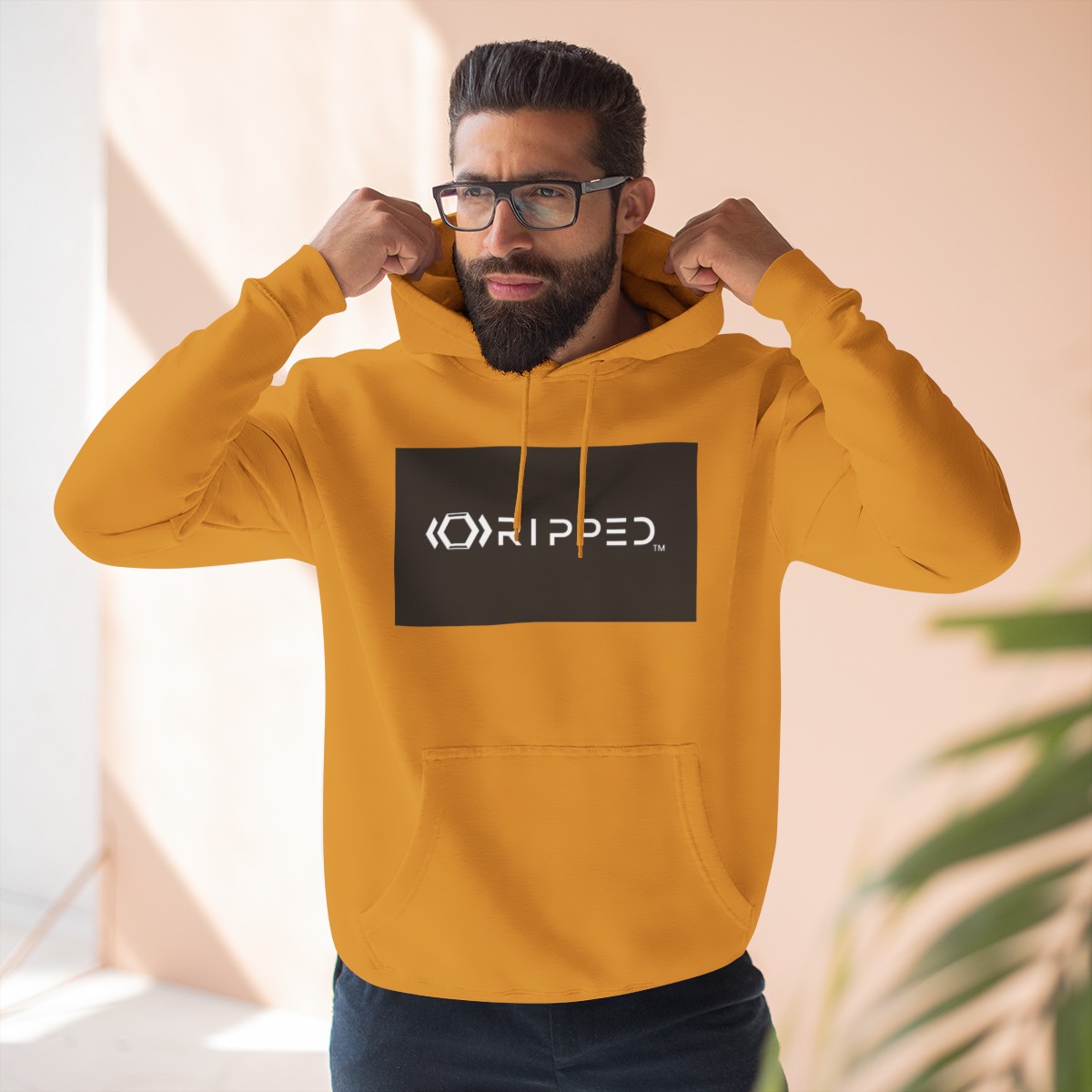 Ripped Men’s Yellow Fleece Hoodie(Black/White Logo) - Image 5