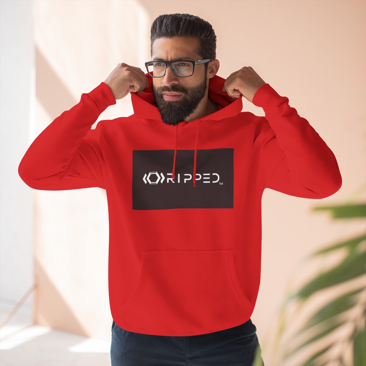 Ripped Men’s Red Fleece Hoodie(Black/White Logo) - Image 5