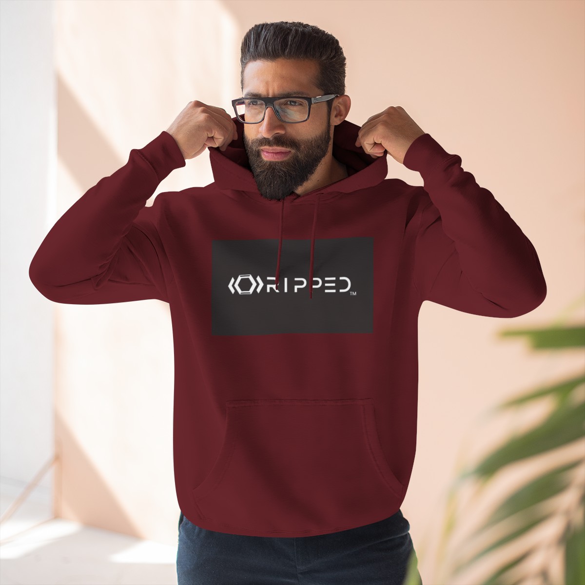 Ripped Men’s Burgundy Fleece Hoodie(Black/White Logo) - Image 5
