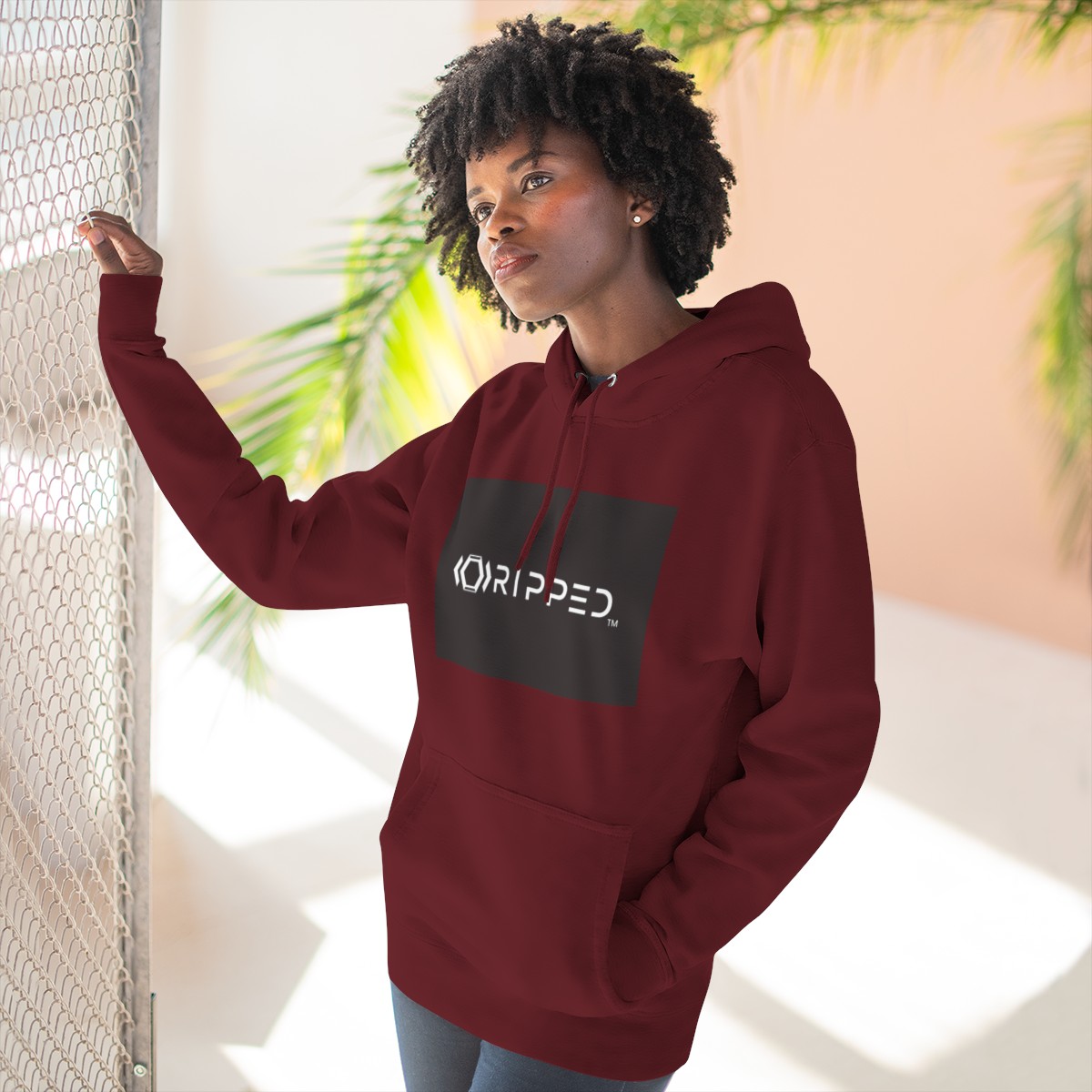 Ripped Men’s Burgundy Fleece Hoodie(Black/White Logo) - Image 6