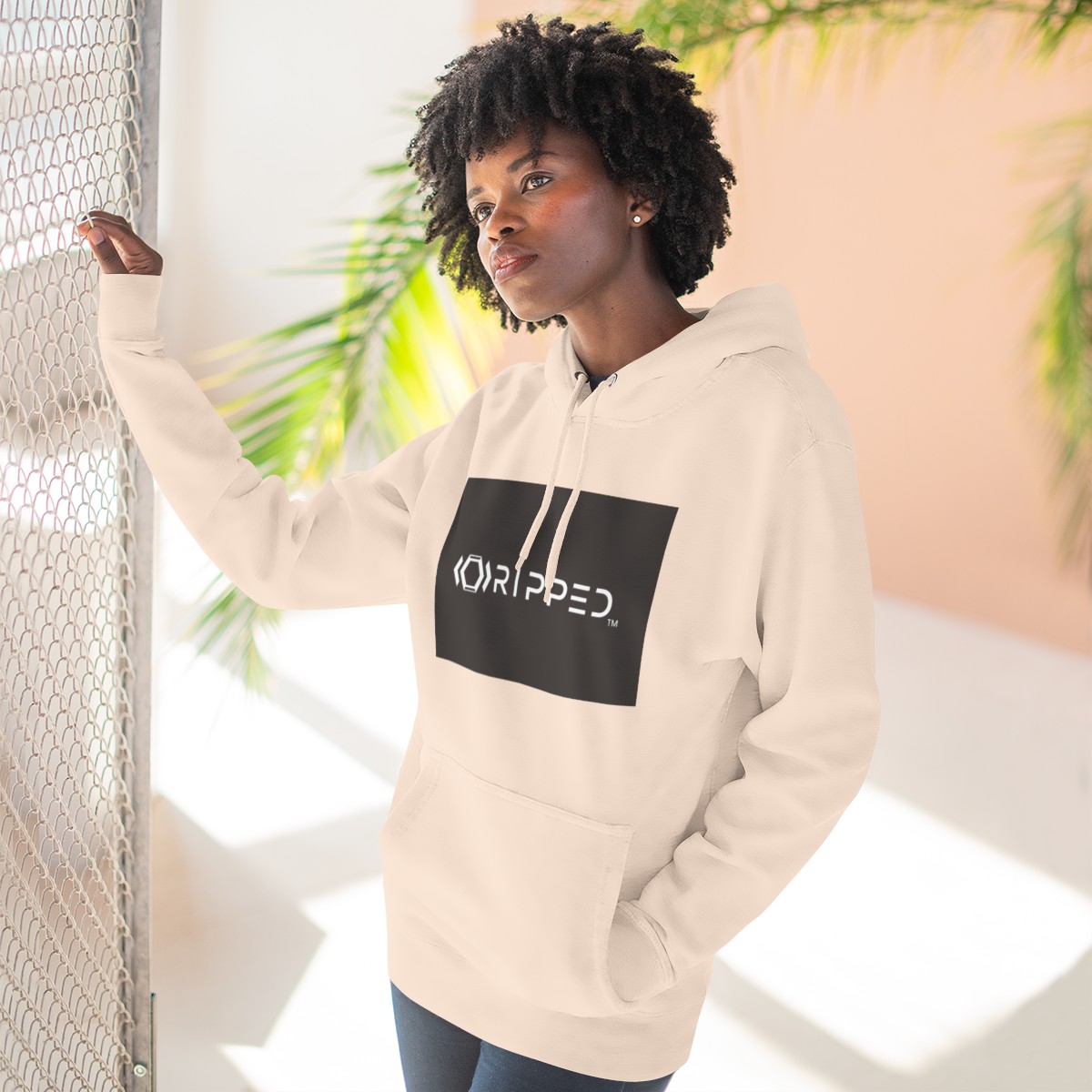 Ripped Women’s Pale Pink Fleece Hoodie(Black/White Logo) - Image 6