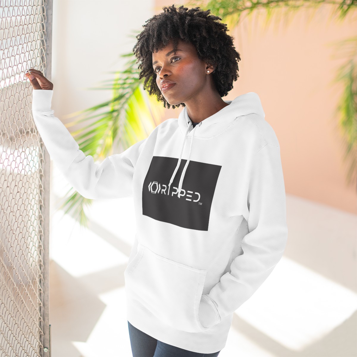 Ripped Women’s White Fleece Hoodie(Black/White Logo) - Image 6