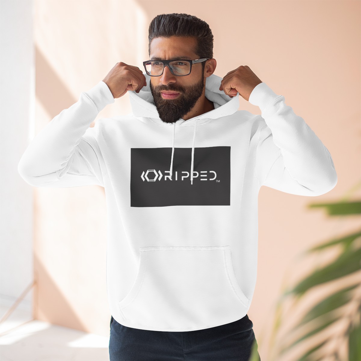 Ripped Men’s White Fleece Hoodie(Black/White Logo) - Image 5