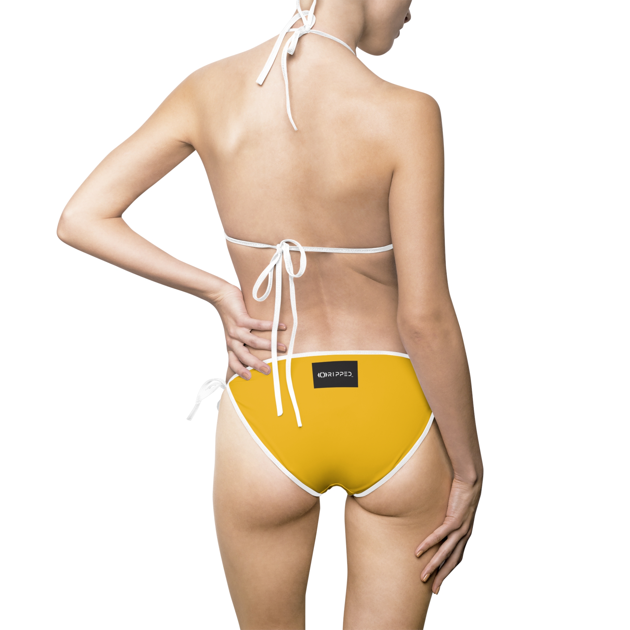 Ripped Backside Yellow White Strapped Women’s Bikini(Black/White Logo)