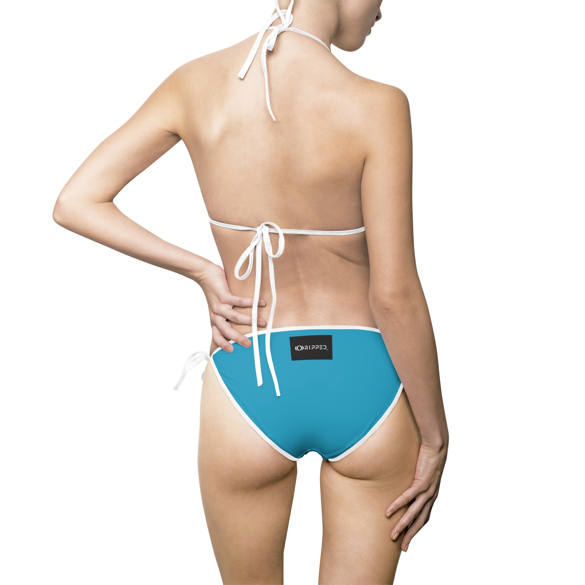 Ripped Backside Ocean Blue White Strapped Women’s Bikini(Black/White Logo)
