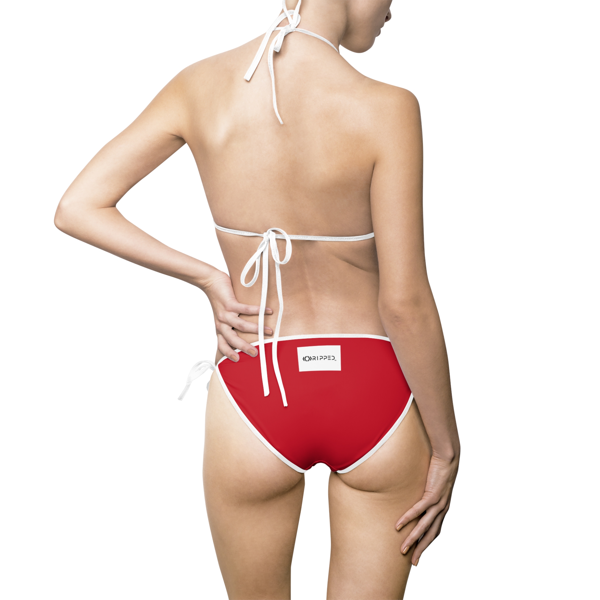 Ripped Backside Dark Red White Strapped Women’s Bikini