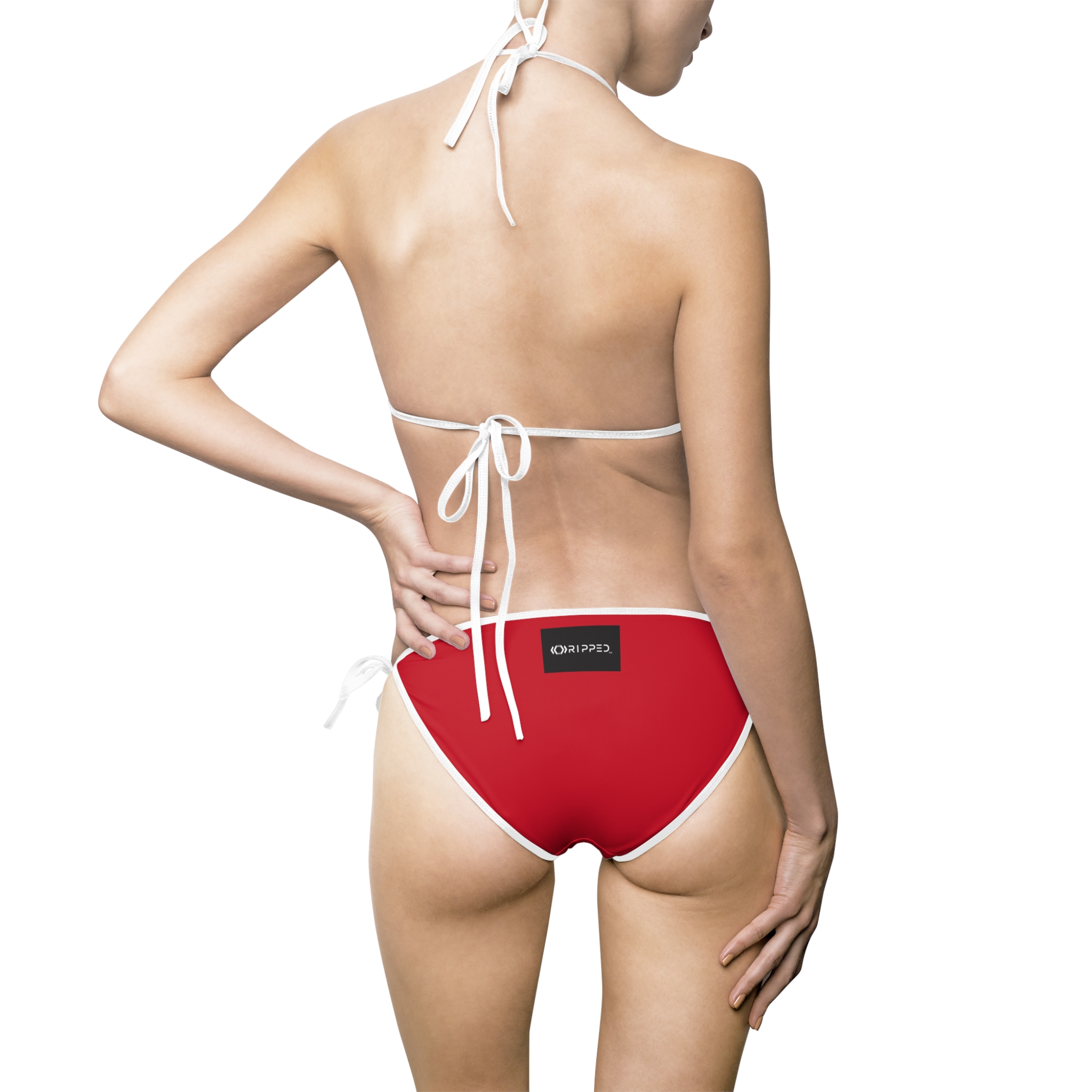 Ripped Backside Dark Red White Strapped Women’s Bikini(Black/White Logo)