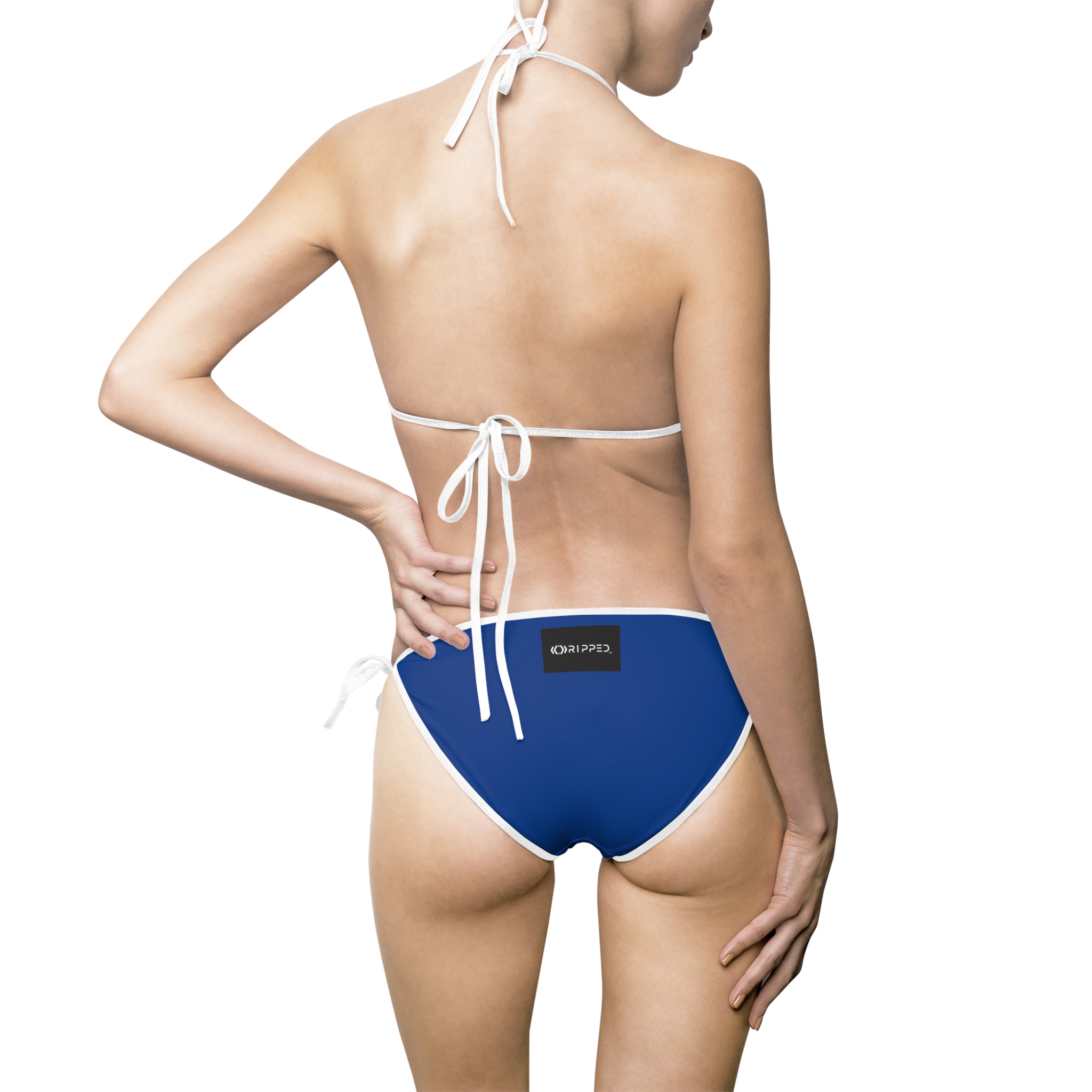 Ripped Backside Dark Blue White Strapped Women’s Bikini(Black/White Logo)