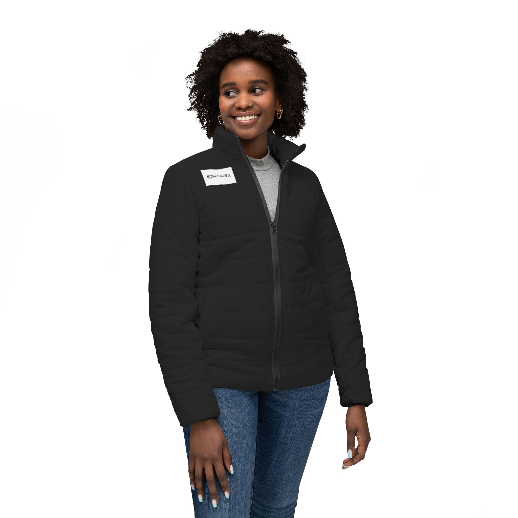 Ripped Black Women’s Puffer Jacket(White Logo) - Image 3