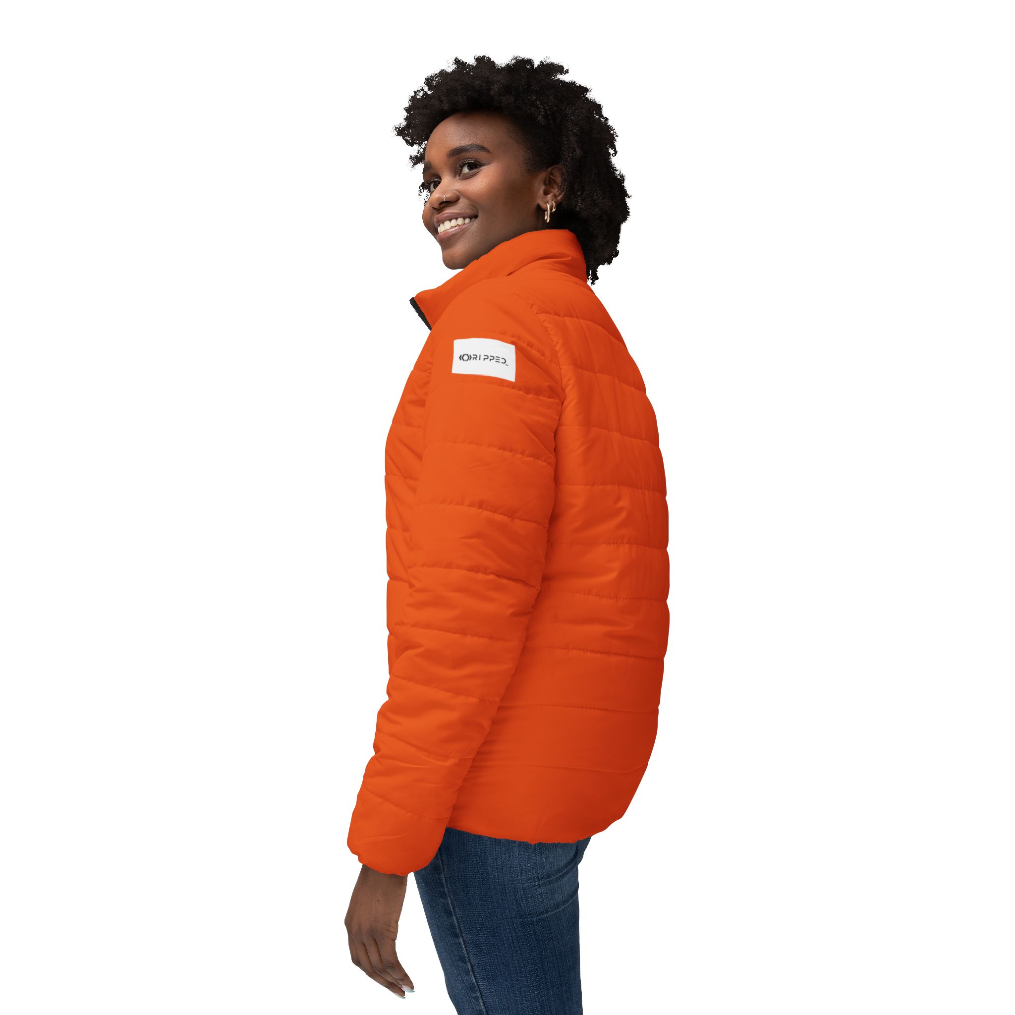 Ripped Orange Women’s Puffer Jacket(White Logo) - Image 5