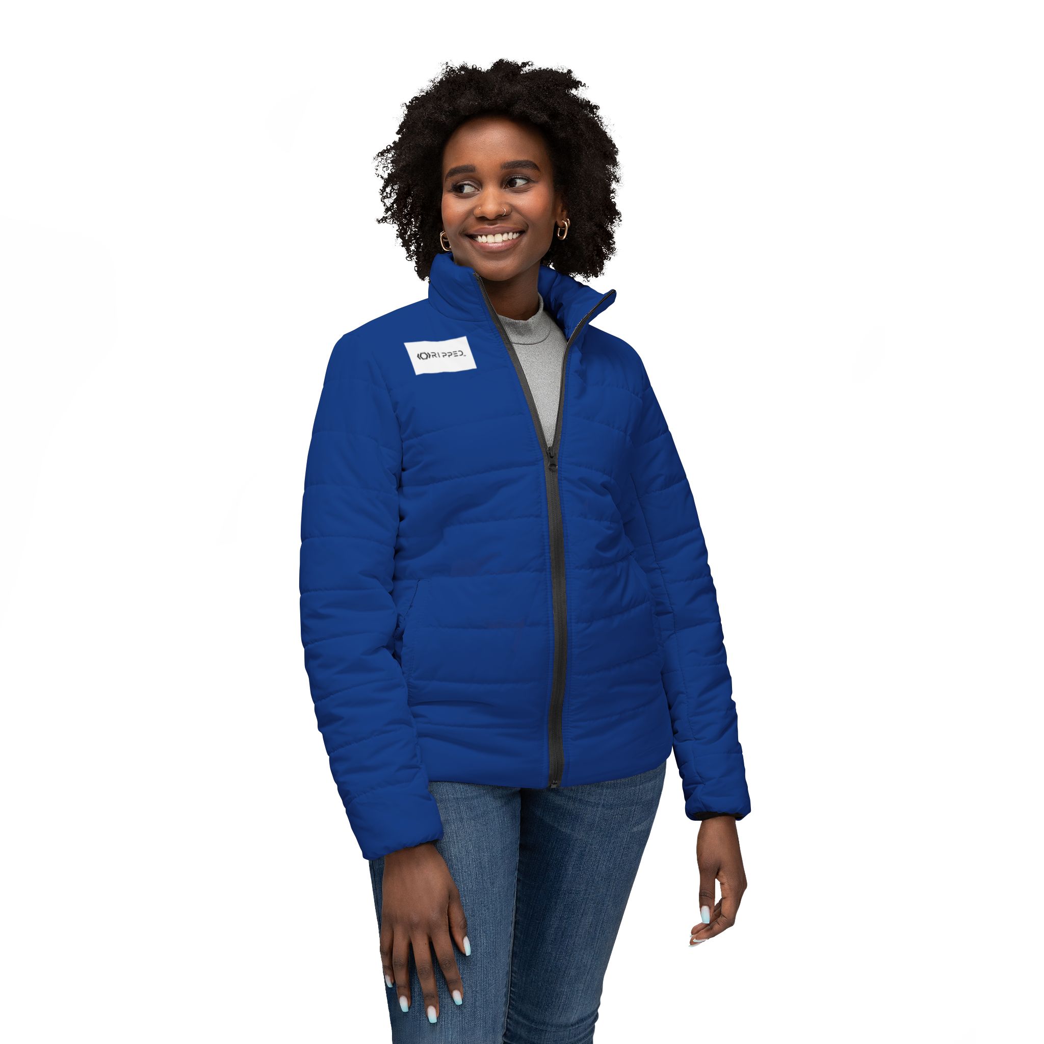 Ripped Dark Blue Women’s Puffer Jacket(White Logo) - Image 3
