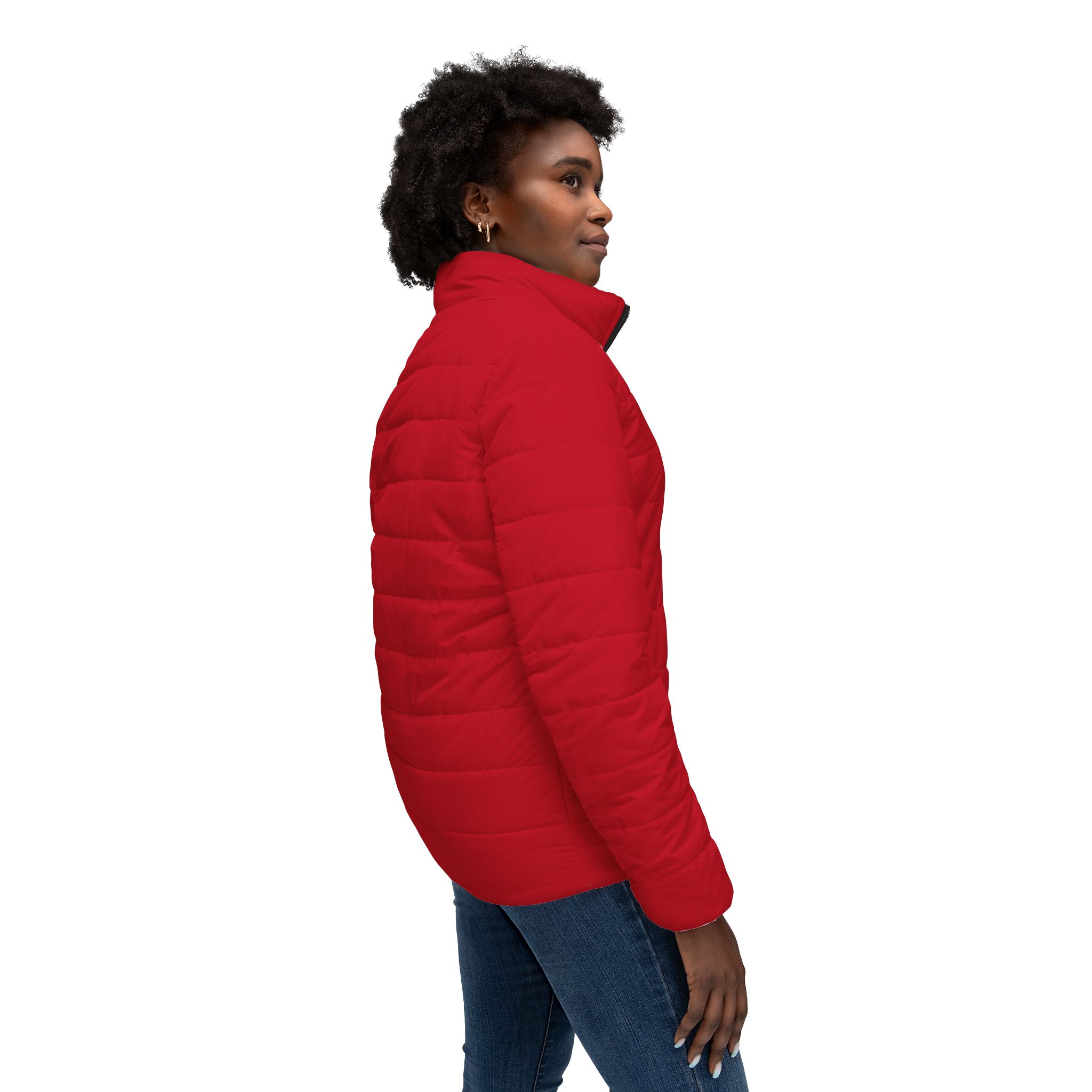 Ripped Dark Red Women’s Puffer Jacket(White Logo) - Image 6