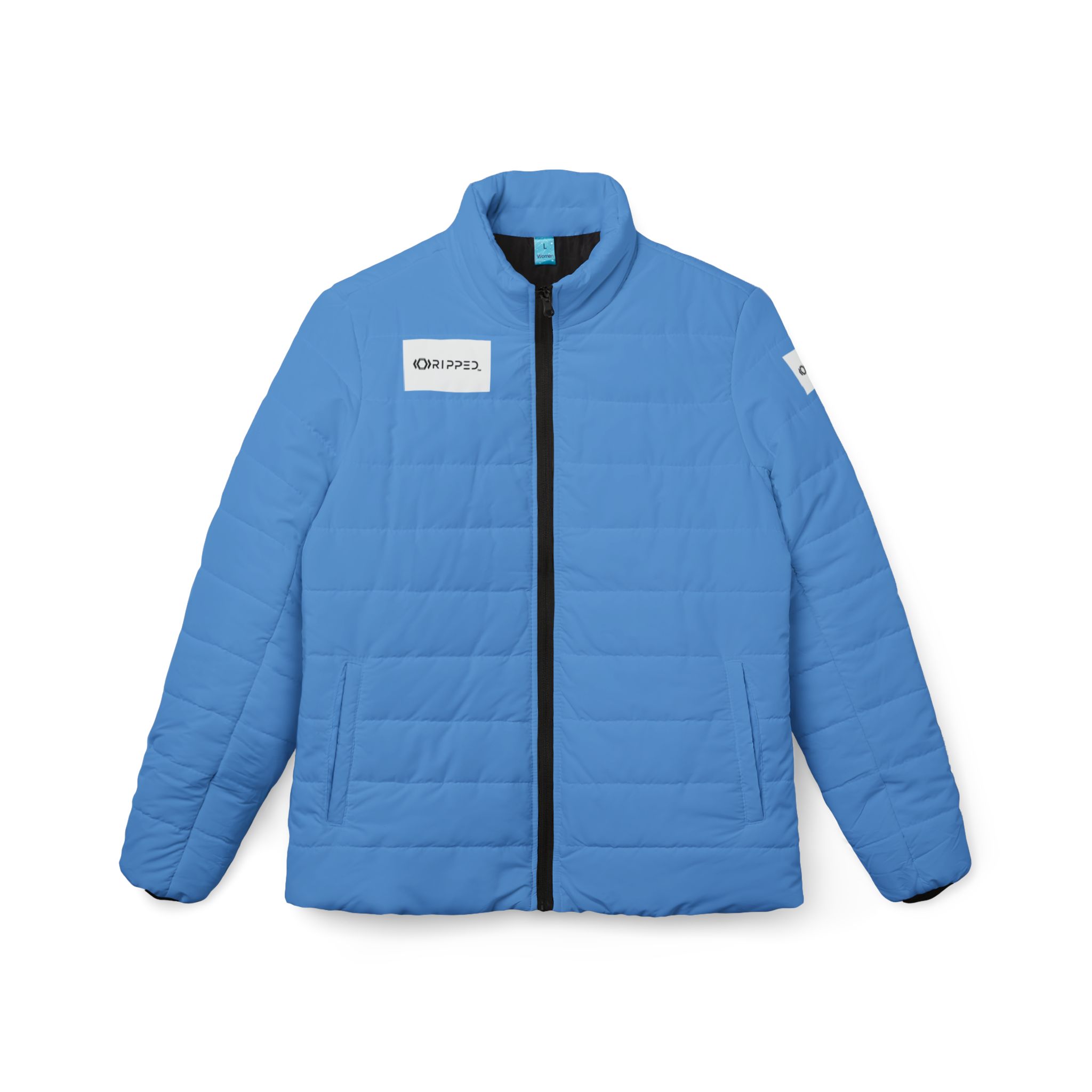 Ripped Light Blue Women’s Puffer Jacket(White Logo)
