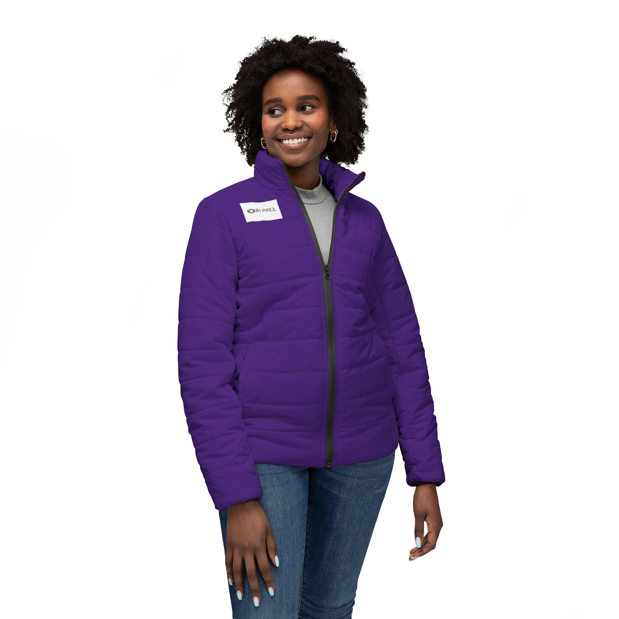 Ripped Purple Women’s Puffer Jacket(White Logo) - Image 3