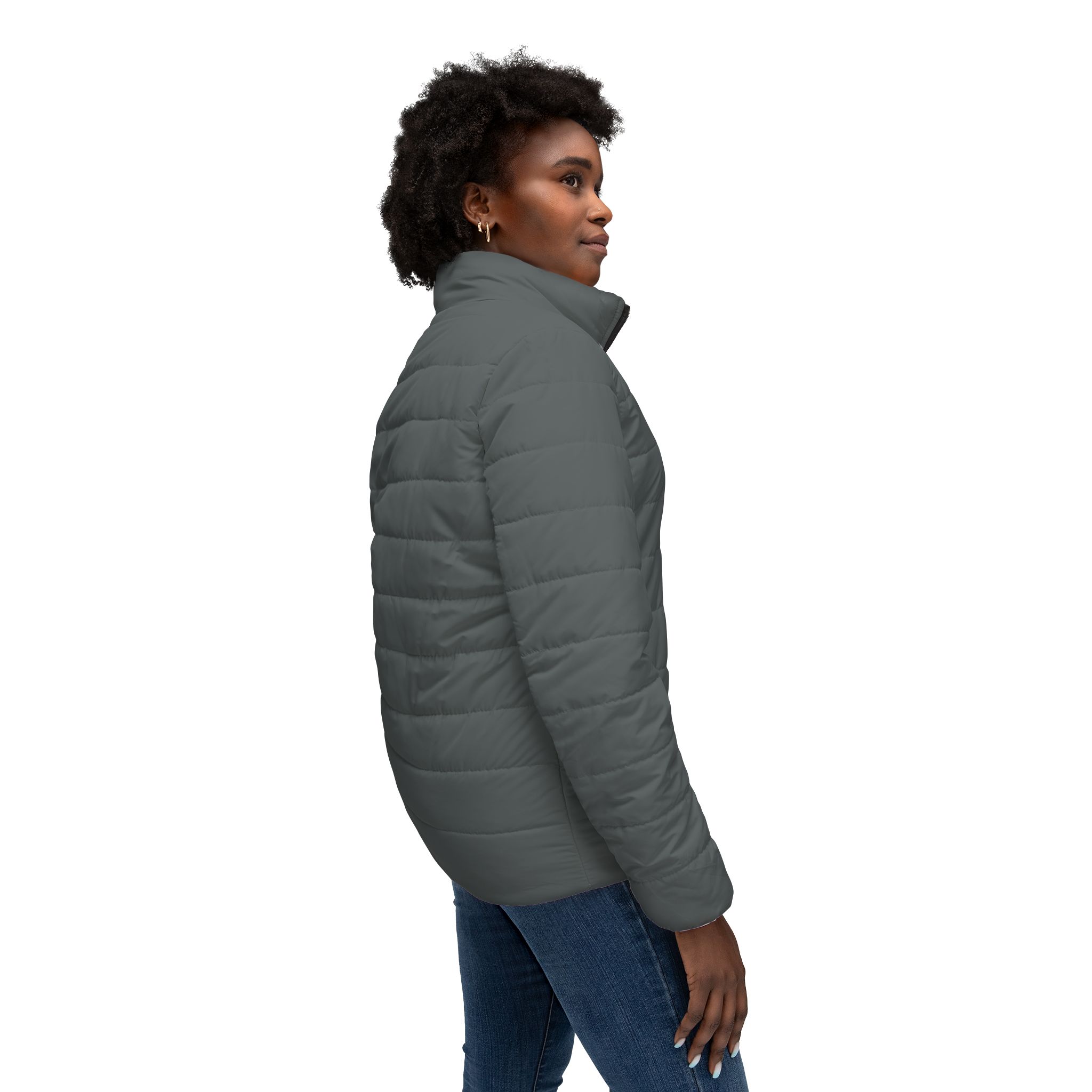 Ripped Dark Grey Women’s Puffer Jacket(White Logo) - Image 6