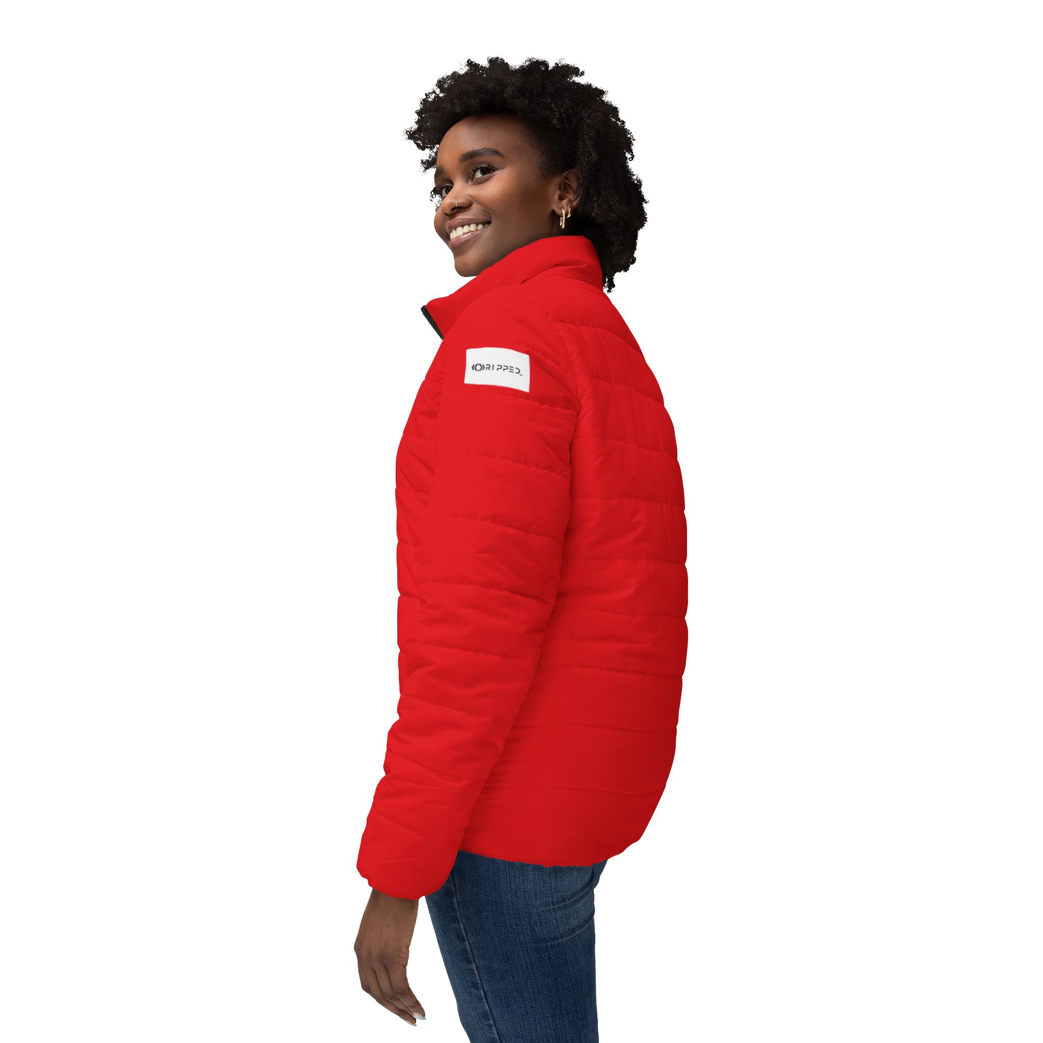 Ripped Red Women’s Puffer Jacket(White Logo) - Image 5